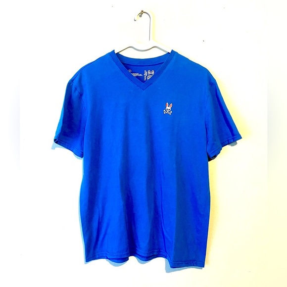 PSYCHO BUNNY SOLID BLUE V-NECK DESIGNER BASIC CASUAL T-SHIRT SIZE M - Picture 1 of 7
